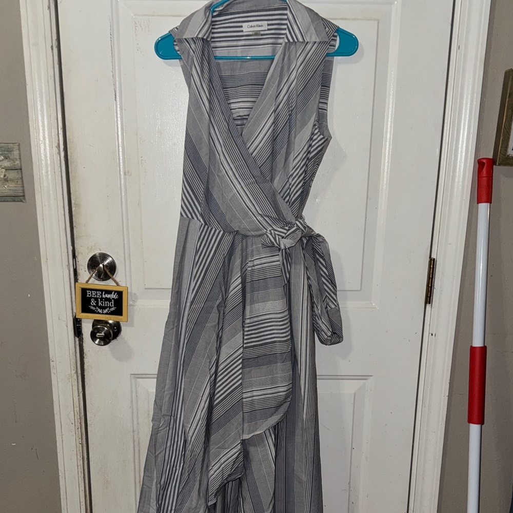 Calvin Klein Asymmetrical Gray Striped Dress